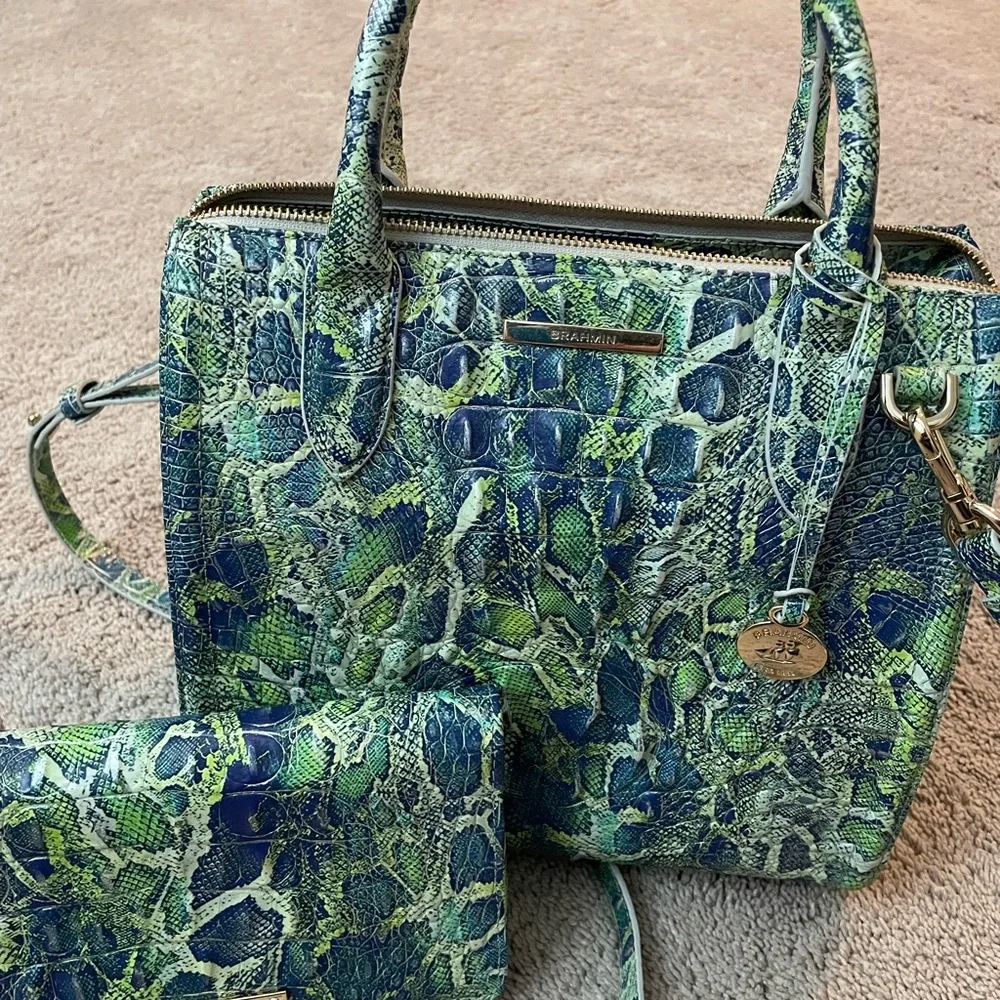 Brahmin Blue and Green Embossed Satchel Set - Picture 2 of 9